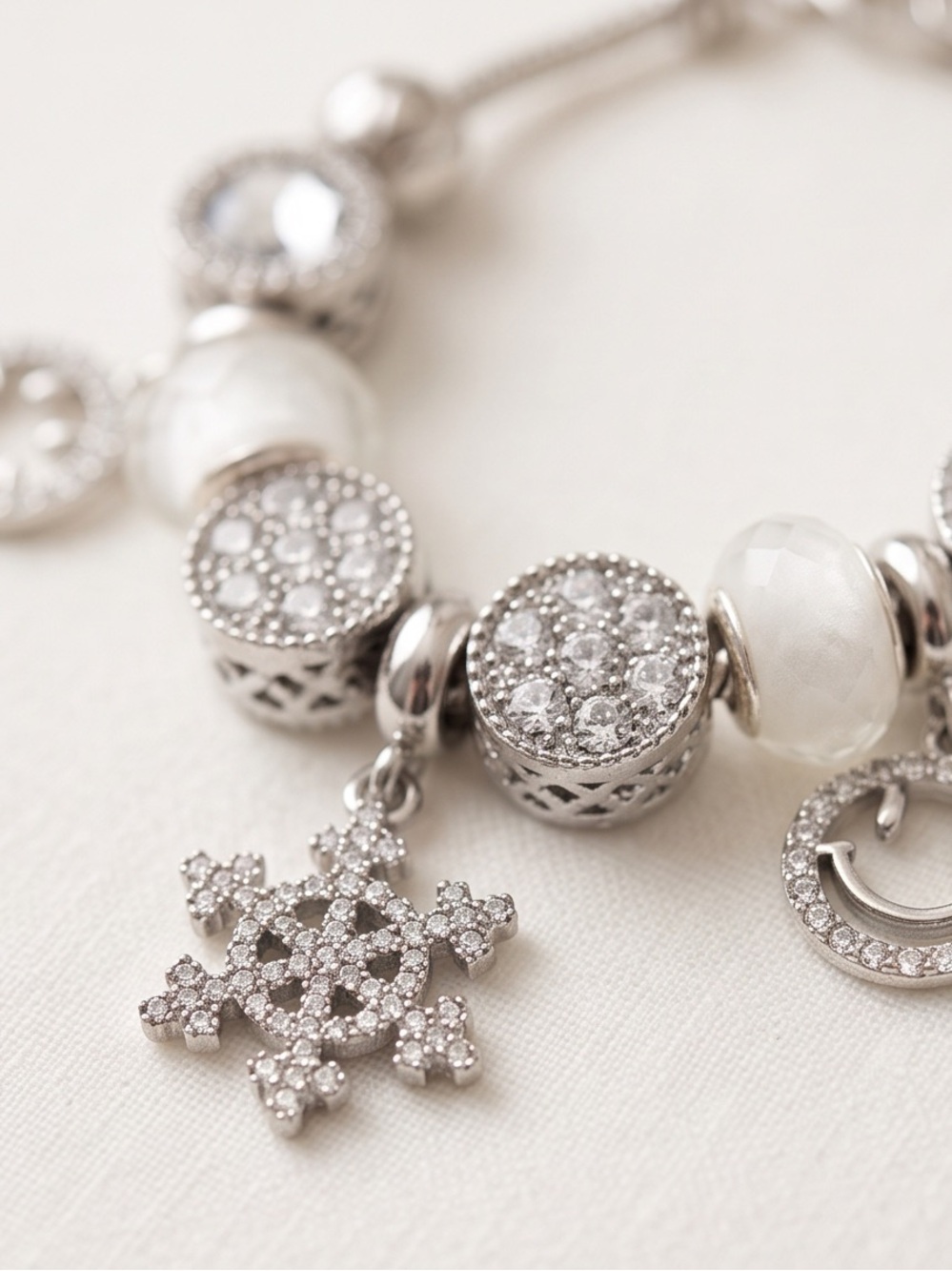 Silver Charm Snake Chain Bracelet w/Snowflake & Smiley Face Charms